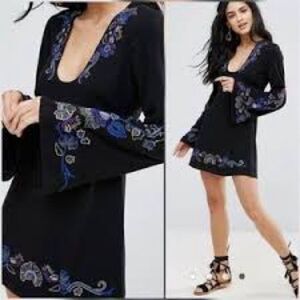 Free People Black Mini Dress with Blue and Purple Embroidery